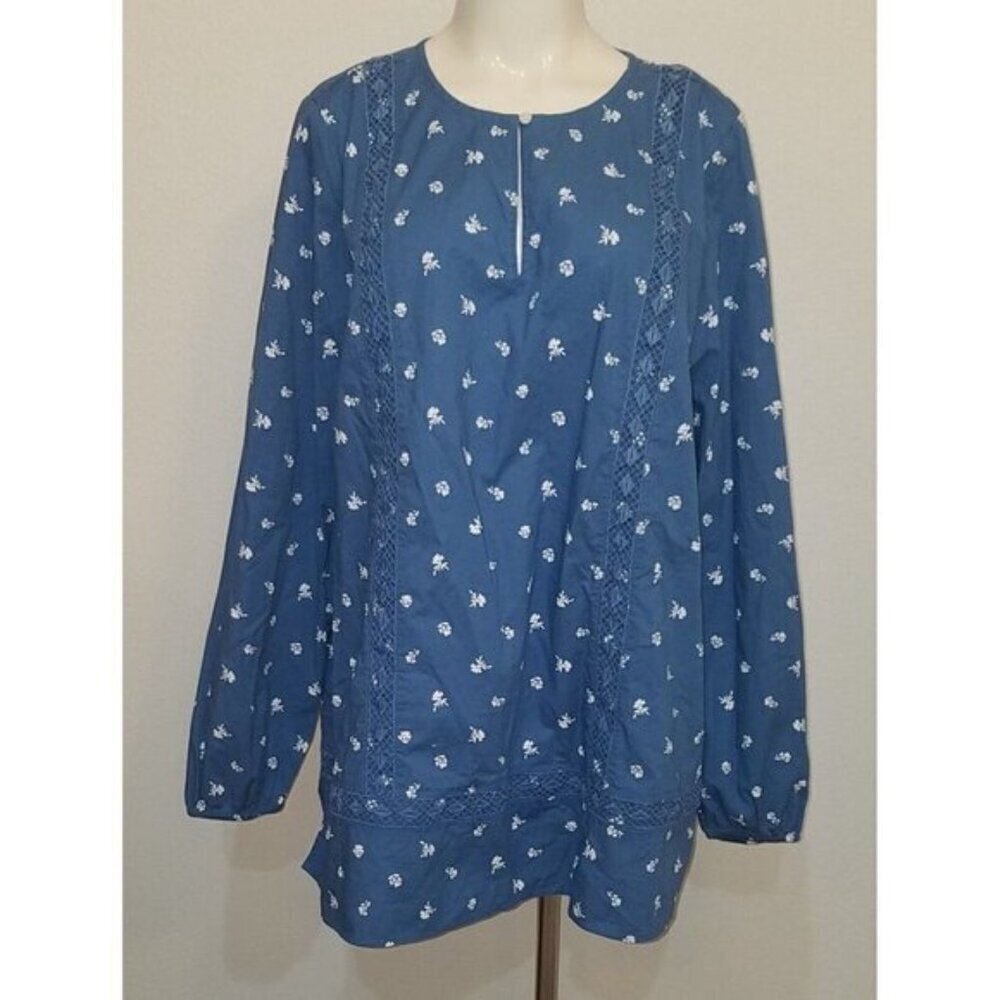 Lands End Tunic Shirt XL 18 Blue White Floral Print Keyhole Neckline Lace Detail